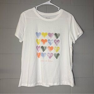 NWT Pact Women’s Watercolor Hearts Softspun Crew Neck Tee Size M “Love is Love”